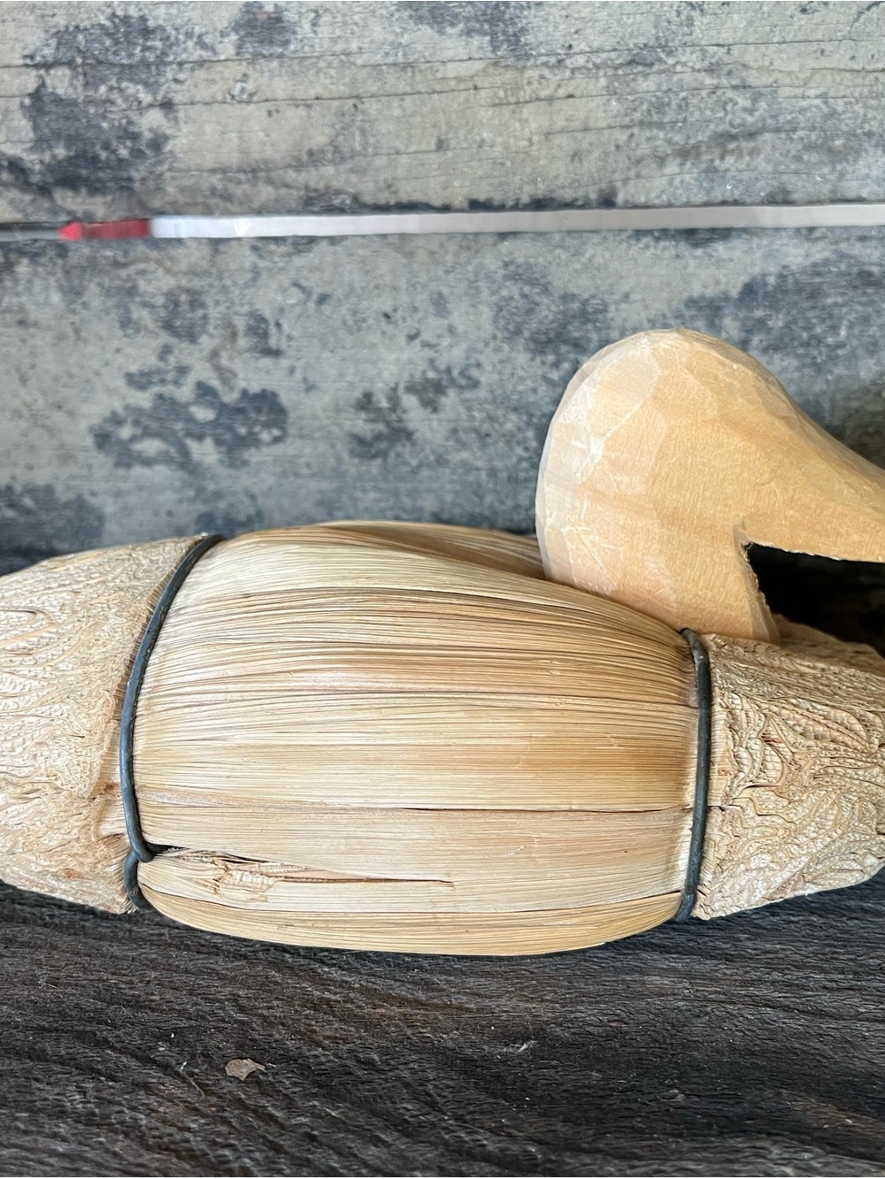 Folk art duck decoy corn husk wooden figurine